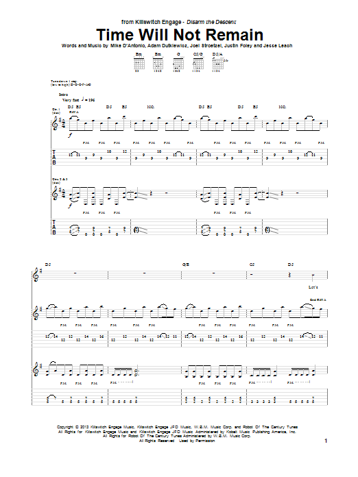 Killswitch Engage Time Will Not Remain sheet music notes and chords arranged for Guitar Tab