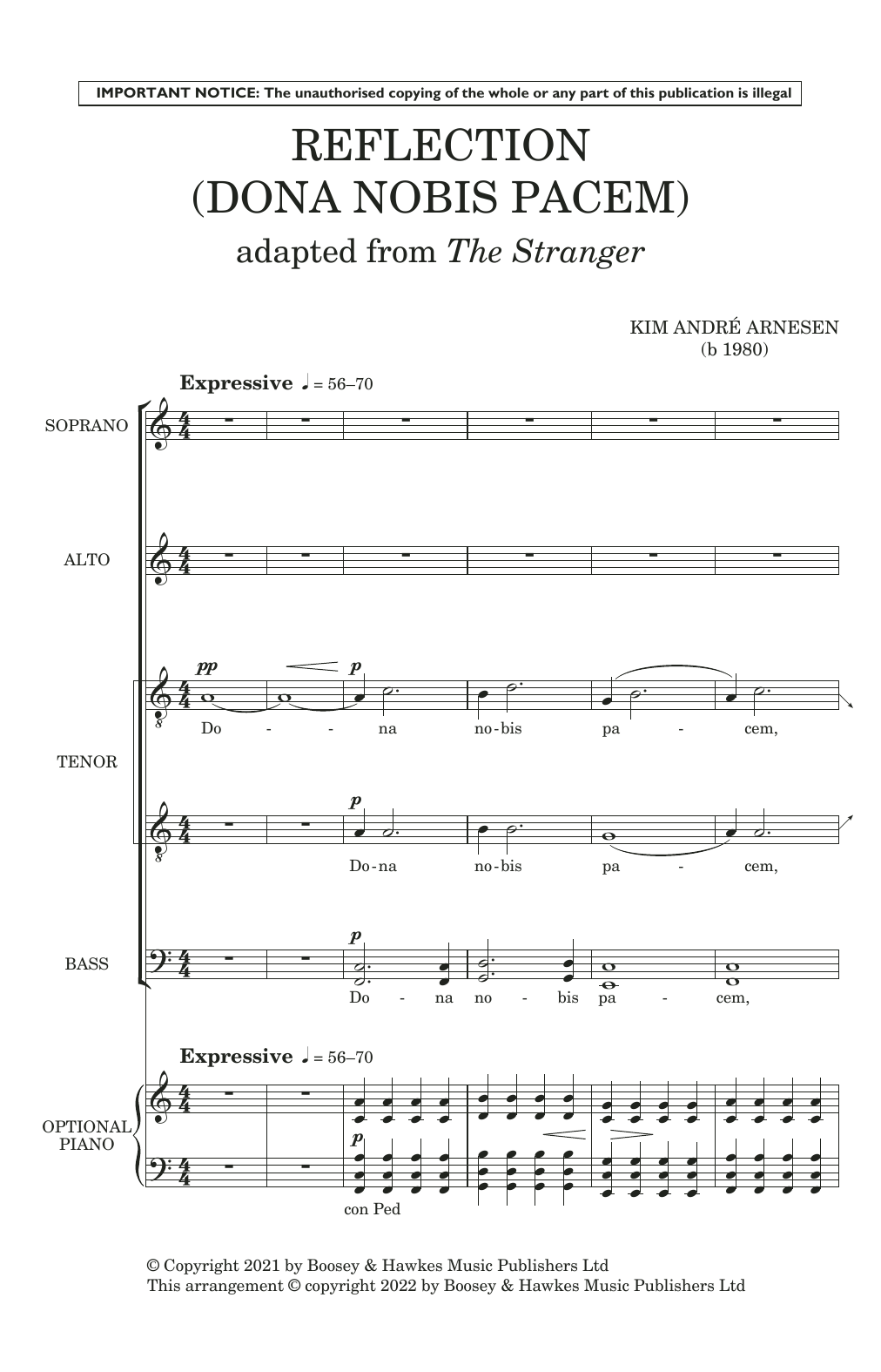 Kim André Arnesen Reflection (Dona Nobis Pacem) (Adapted from The Stranger) sheet music notes and chords arranged for Choir