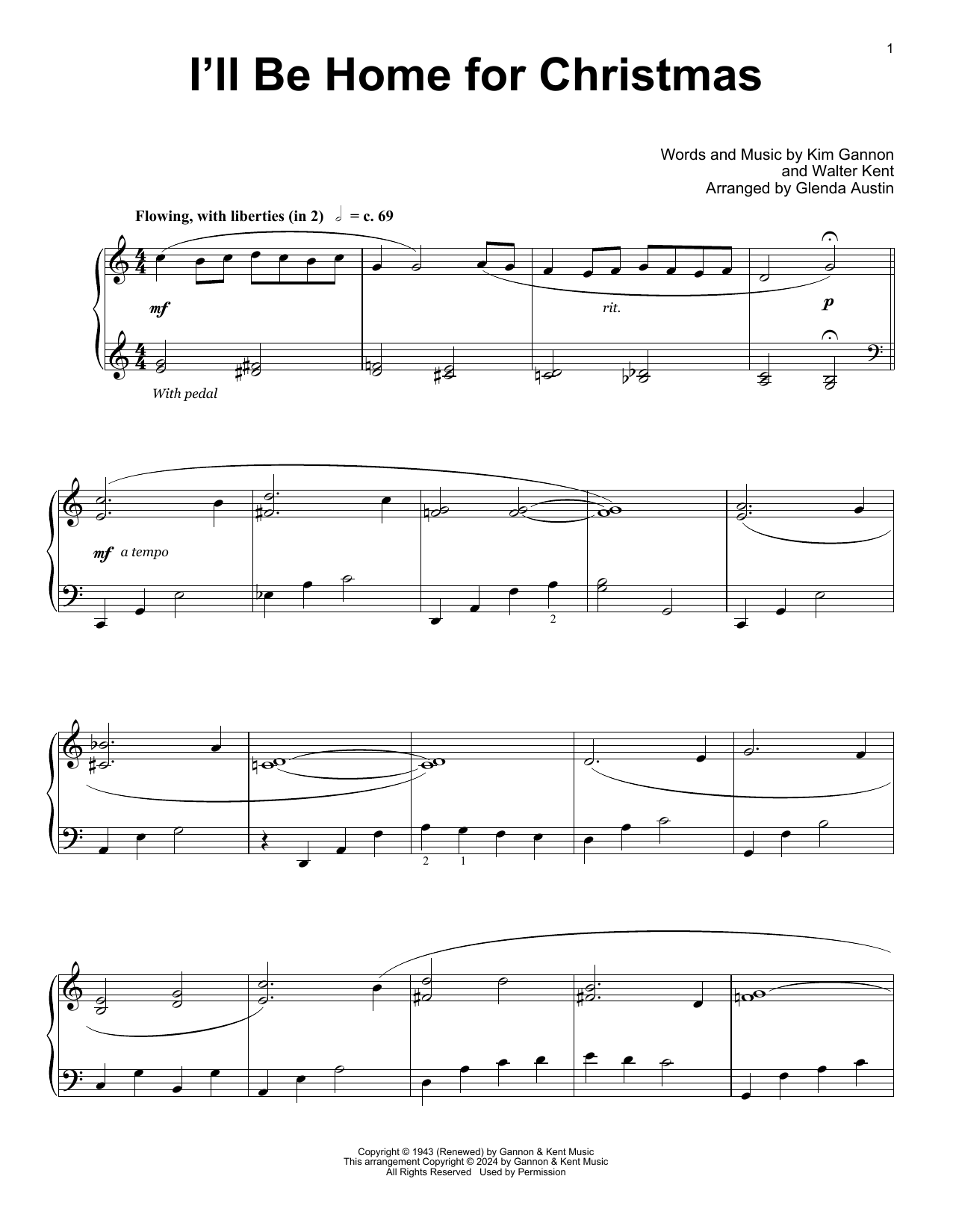 Kim Gannon & Walter Kent I'll Be Home For Christmas (arr. Glenda Austin) sheet music notes and chords arranged for Educational Piano