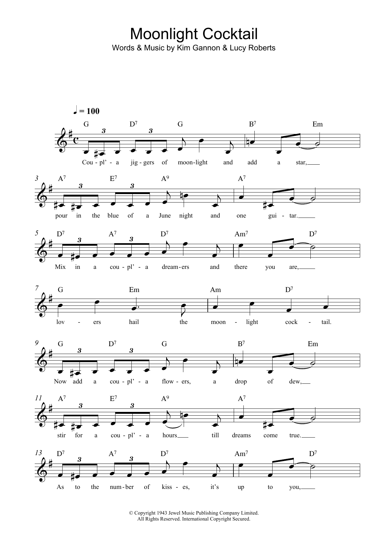 Kim Gannon Moonlight Cocktail sheet music notes and chords arranged for Lead Sheet / Fake Book
