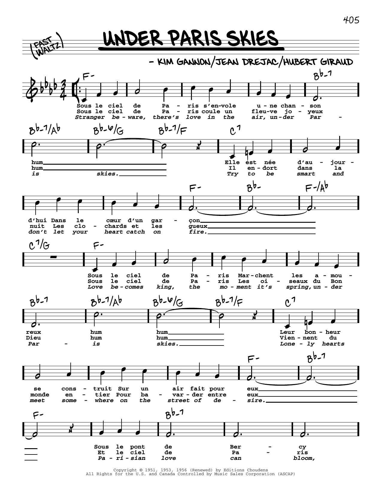 Kim Gannon Under Paris Skies (High Voice) sheet music notes and chords arranged for Real Book – Melody, Lyrics & Chords