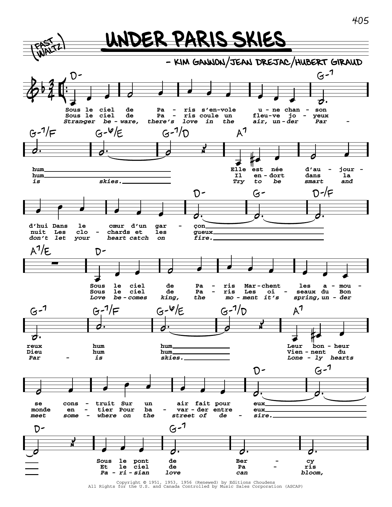 Kim Gannon Under Paris Skies (Low Voice) sheet music notes and chords arranged for Real Book – Melody, Lyrics & Chords