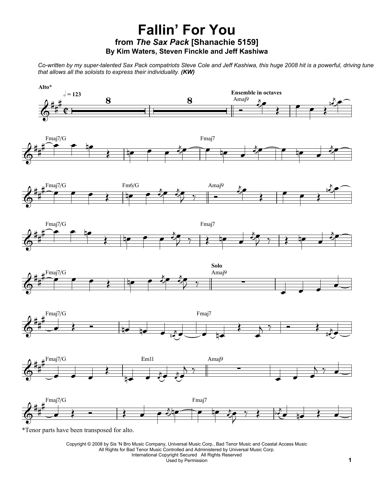 Kim Waters Fallin' For You sheet music notes and chords arranged for Alto Sax Transcription