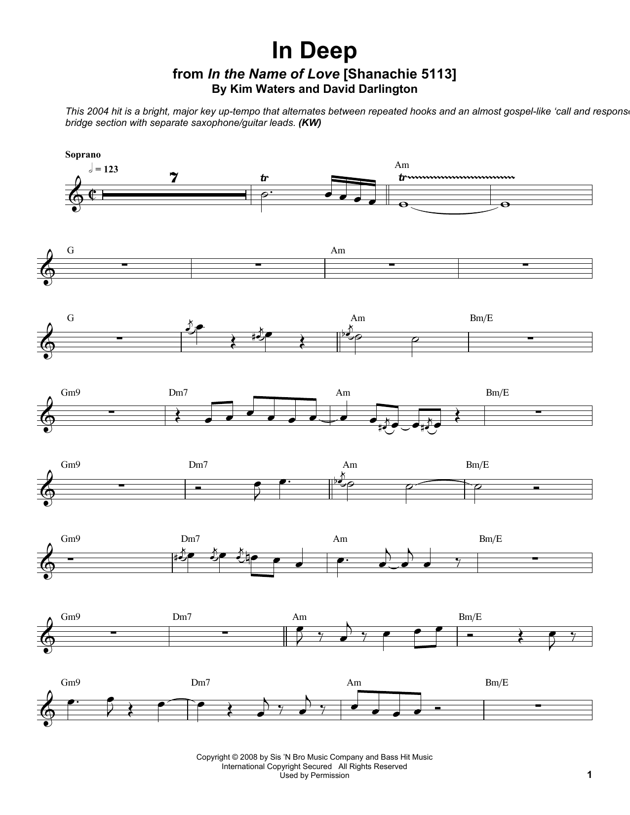 Kim Waters In Deep sheet music notes and chords arranged for Soprano Sax Transcription