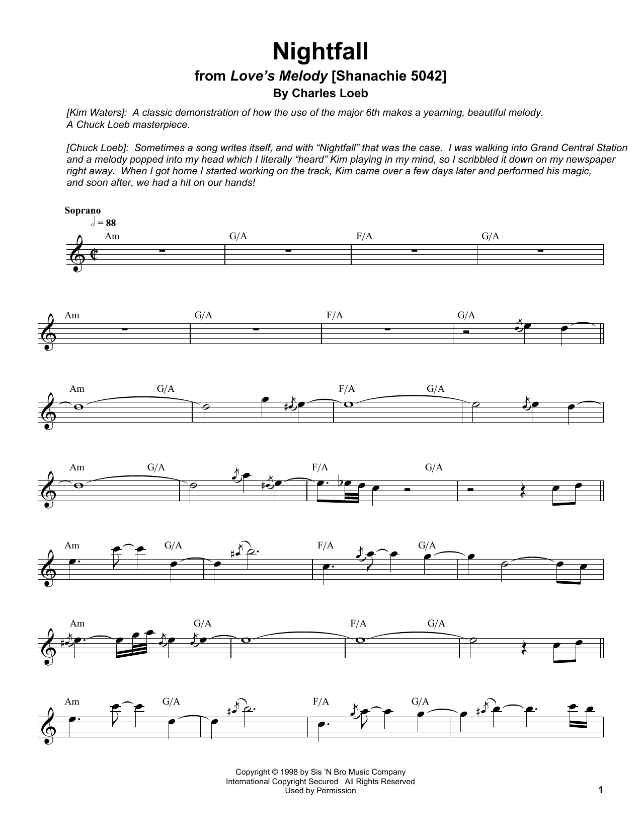 Kim Waters Nightfall sheet music notes and chords arranged for Soprano Sax Transcription