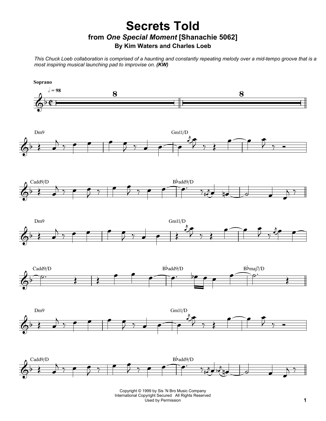 Kim Waters Secrets Told sheet music notes and chords arranged for Soprano Sax Transcription