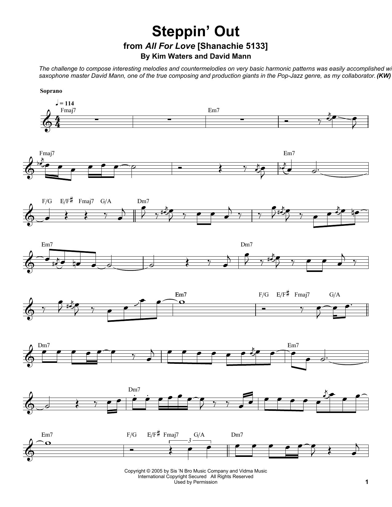 Kim Waters Steppin' Out sheet music notes and chords arranged for Soprano Sax Transcription
