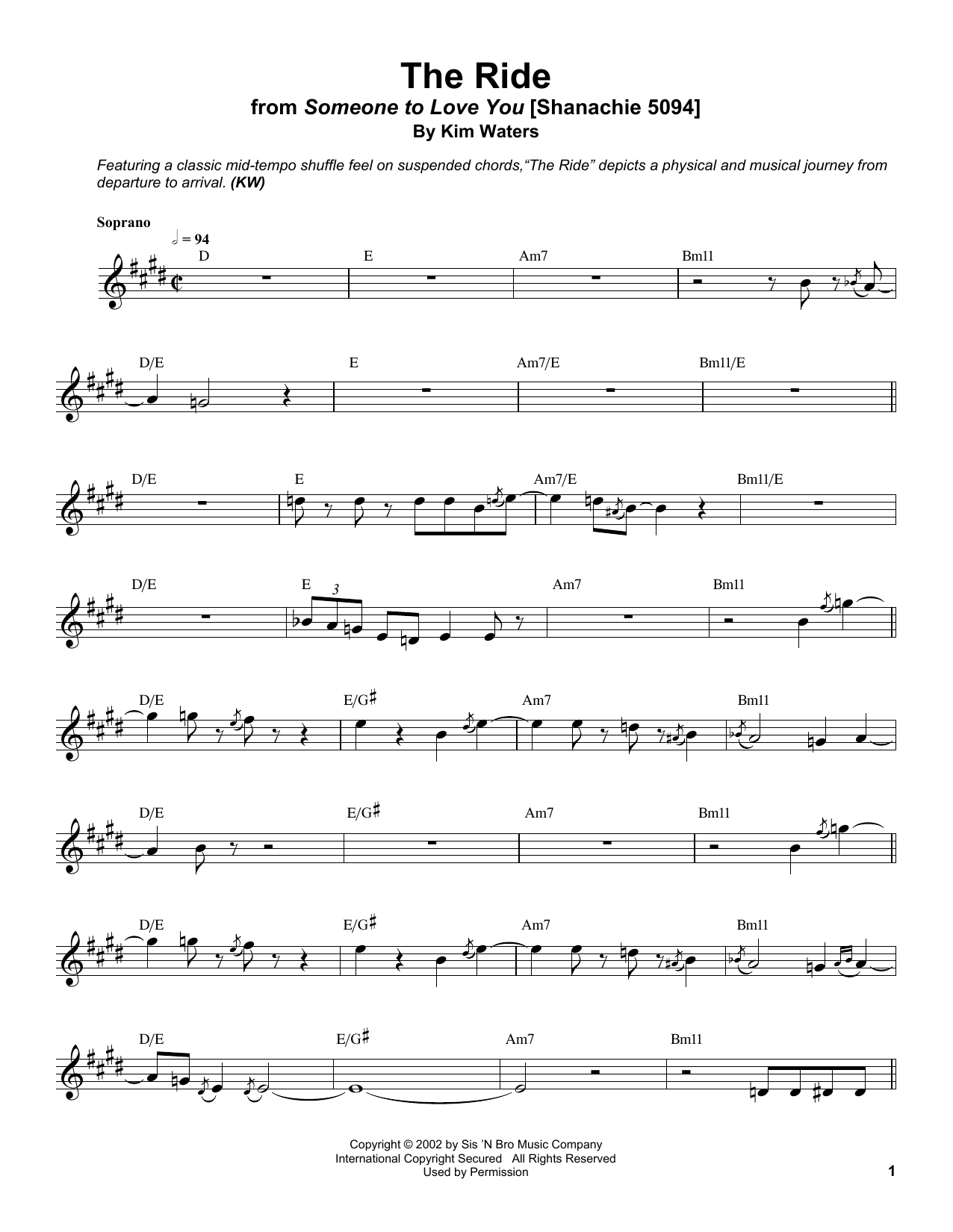 Kim Waters The Ride sheet music notes and chords arranged for Soprano Sax Transcription