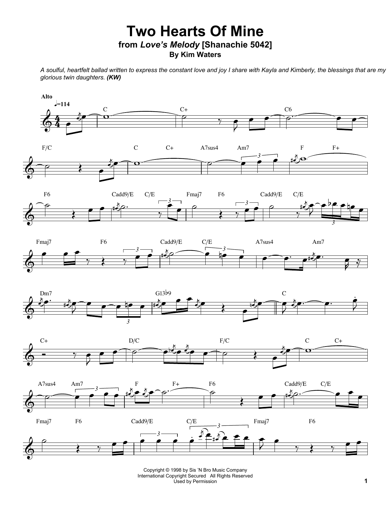 Kim Waters Two Hearts Of Mine sheet music notes and chords arranged for Alto Sax Transcription