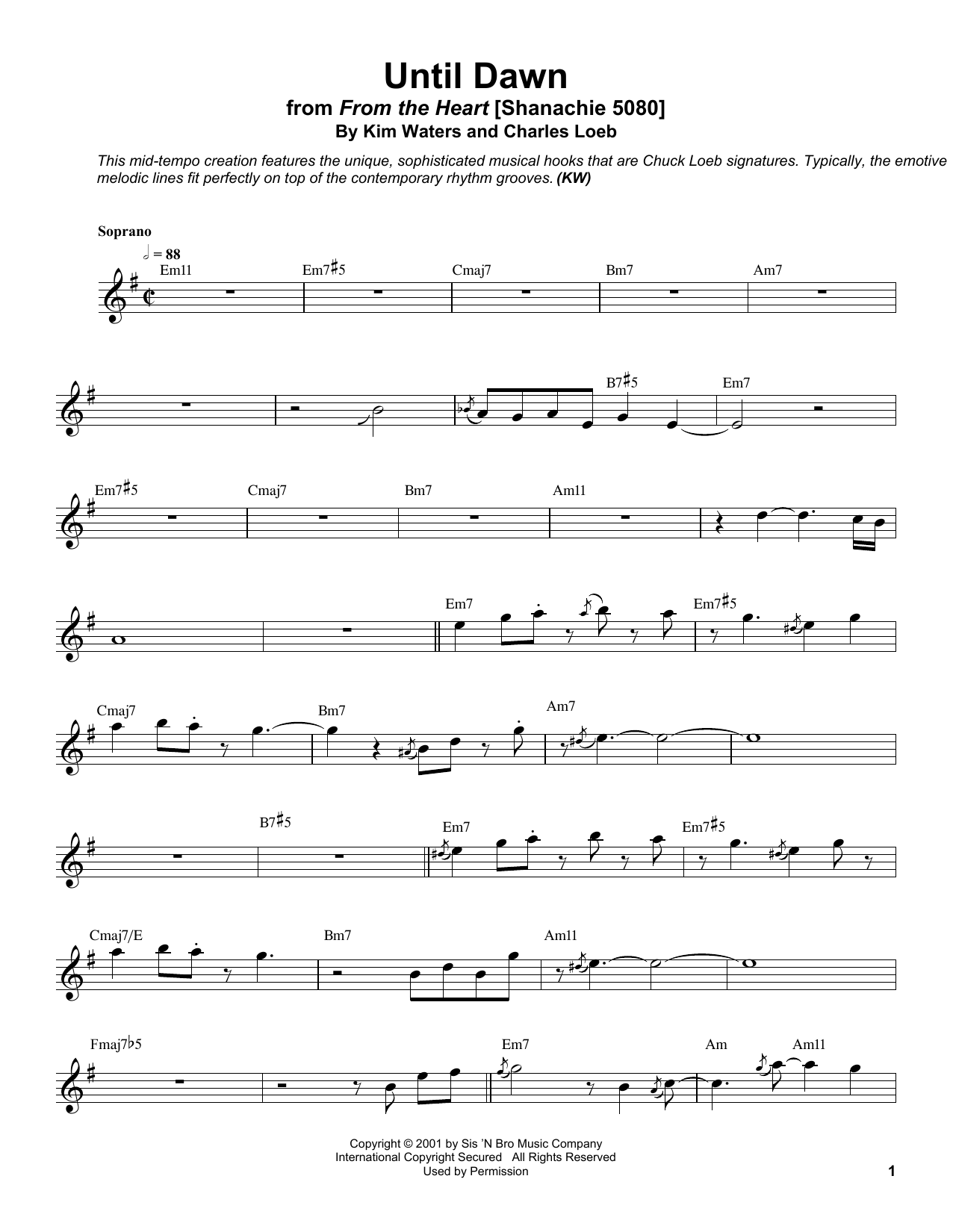 Kim Waters Until Dawn sheet music notes and chords arranged for Soprano Sax Transcription