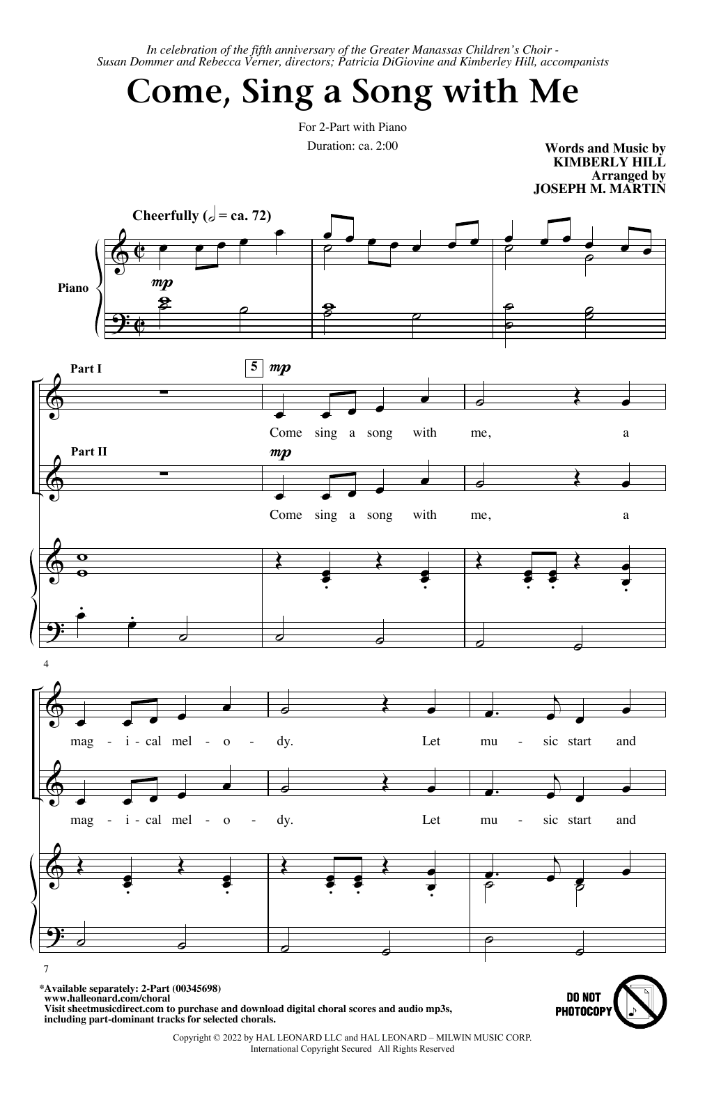 Kimberly Hill Come, Sing A Song With Me (arr. Joseph M. Martin) sheet music notes and chords arranged for 2-Part Choir