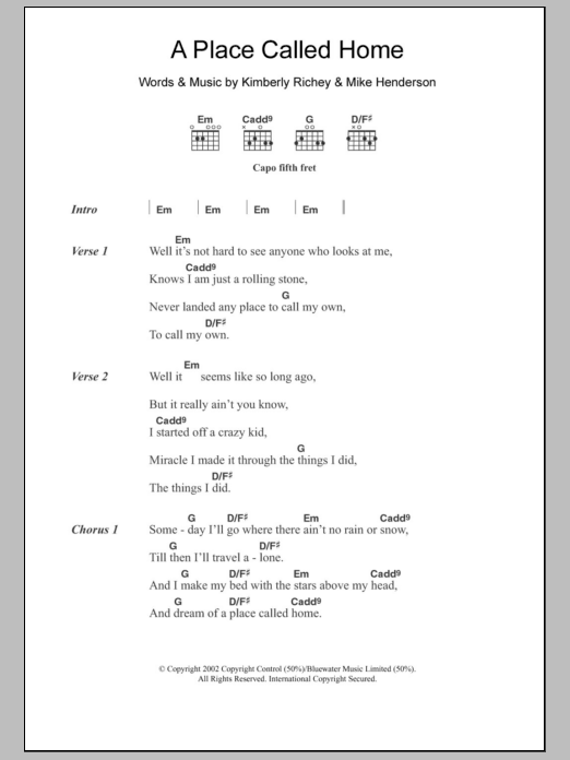 Kimberly Richey A Place Called Home sheet music notes and chords arranged for Guitar Chords/Lyrics