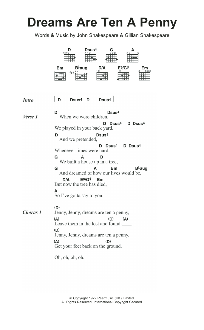 Kincade Dreams Are Ten A Penny sheet music notes and chords arranged for Guitar Chords/Lyrics