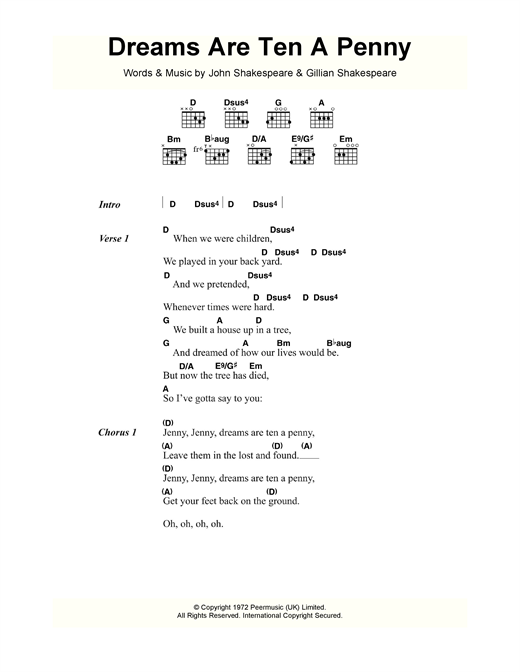 Kincade Dreams Are Ten A Penny sheet music notes and chords arranged for Guitar Chords/Lyrics