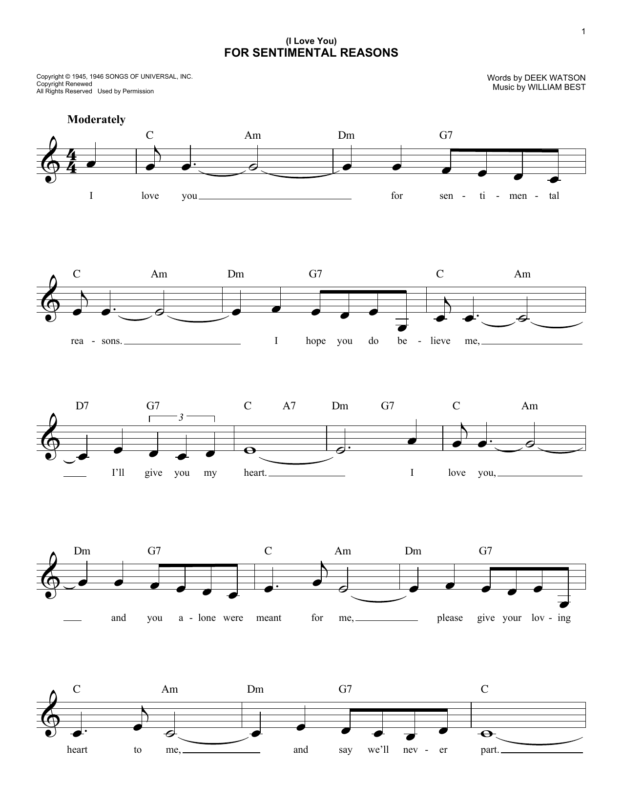 King Cole Trio (I Love You) For Sentimental Reasons sheet music notes and chords arranged for Easy Piano