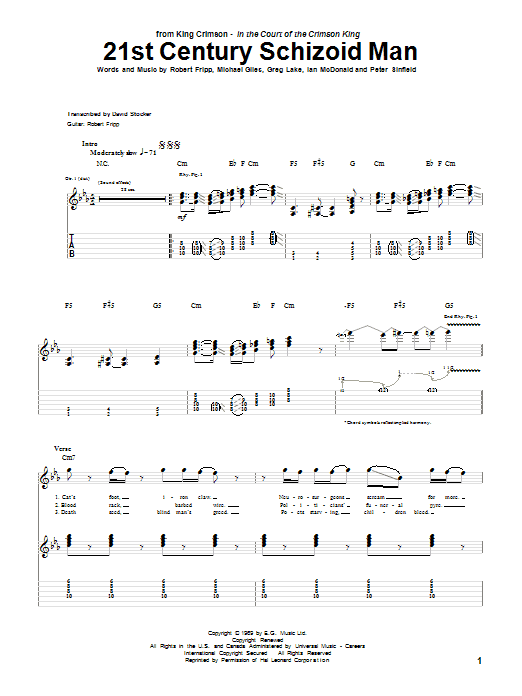 King Crimson 21st Century Schizoid Man sheet music notes and chords arranged for Guitar Tab