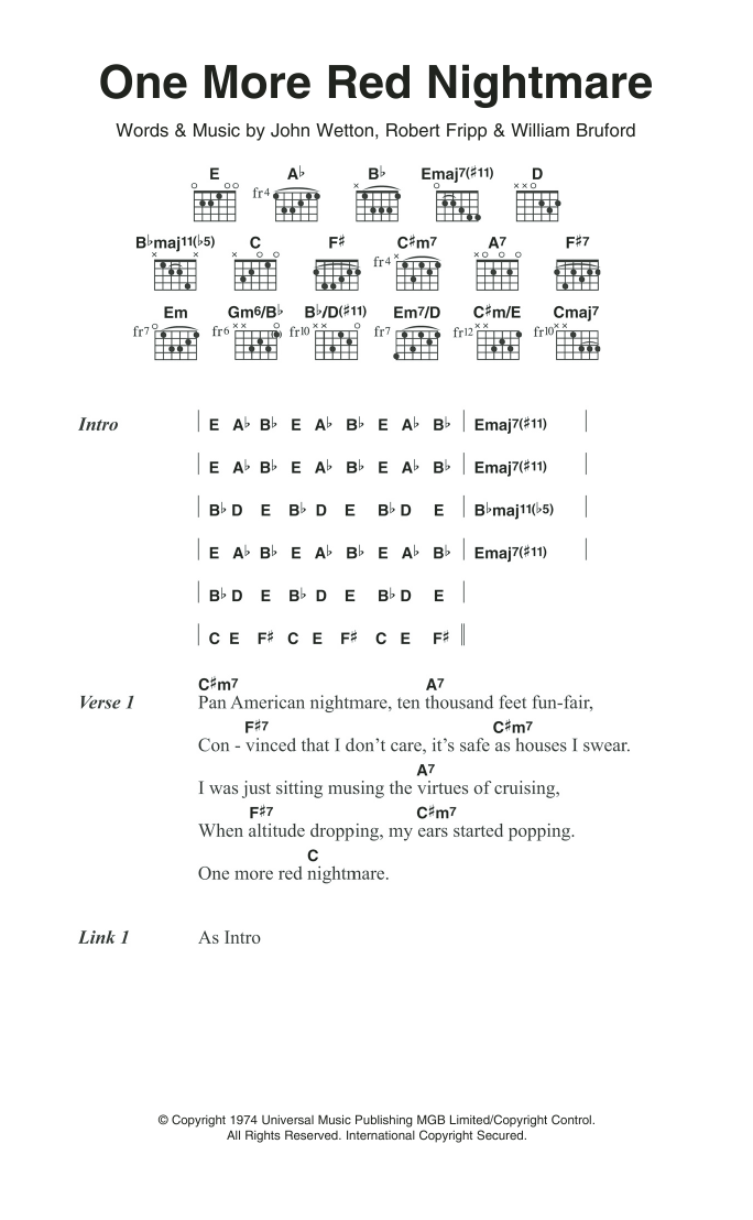 King Crimson One More Red Nightmare sheet music notes and chords arranged for Guitar Chords/Lyrics