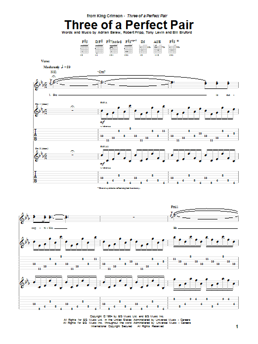 King Crimson Three Of A Perfect Pair sheet music notes and chords arranged for Guitar Tab