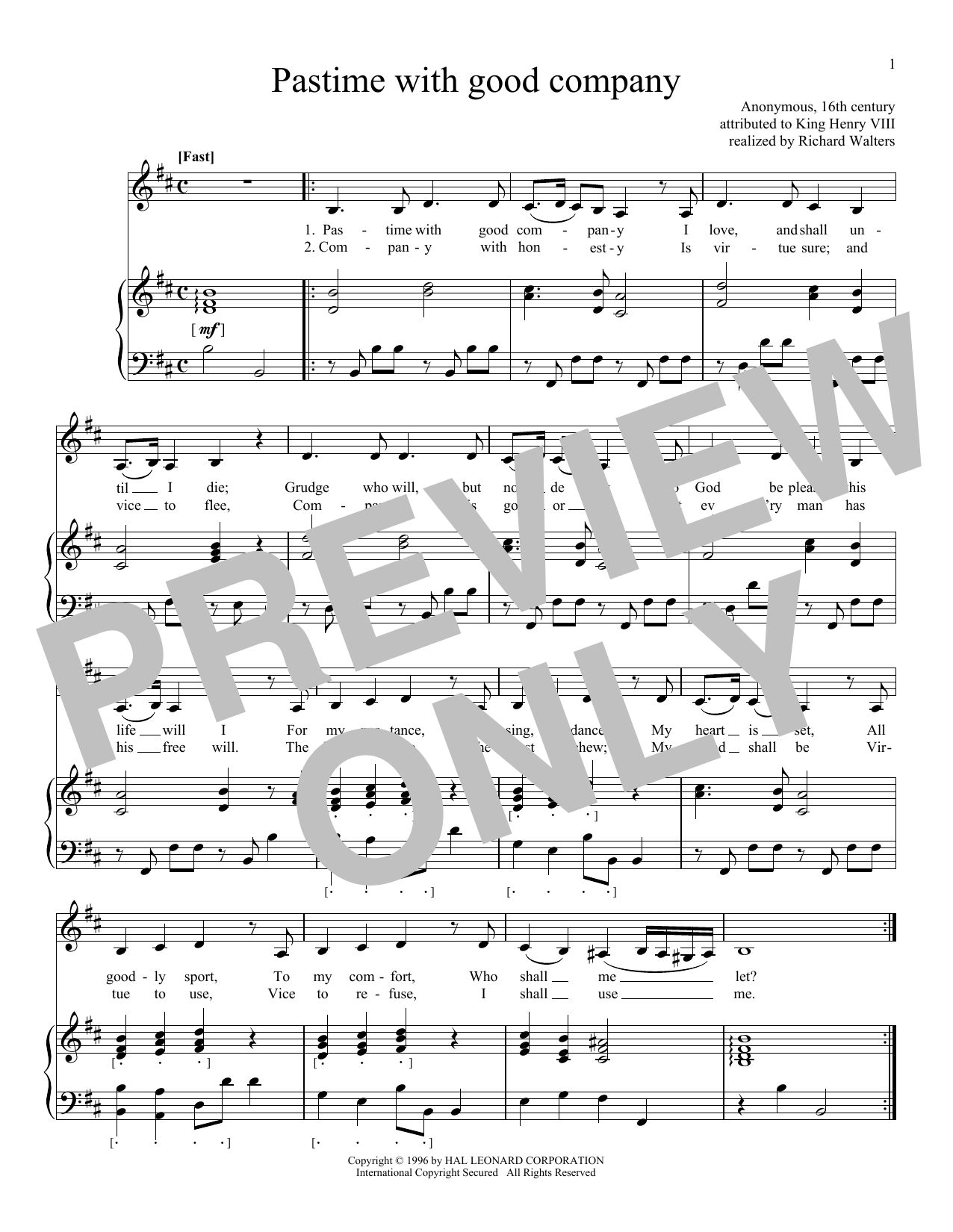 King Henry VIII Pastime With Good Company sheet music notes and chords arranged for Piano & Vocal