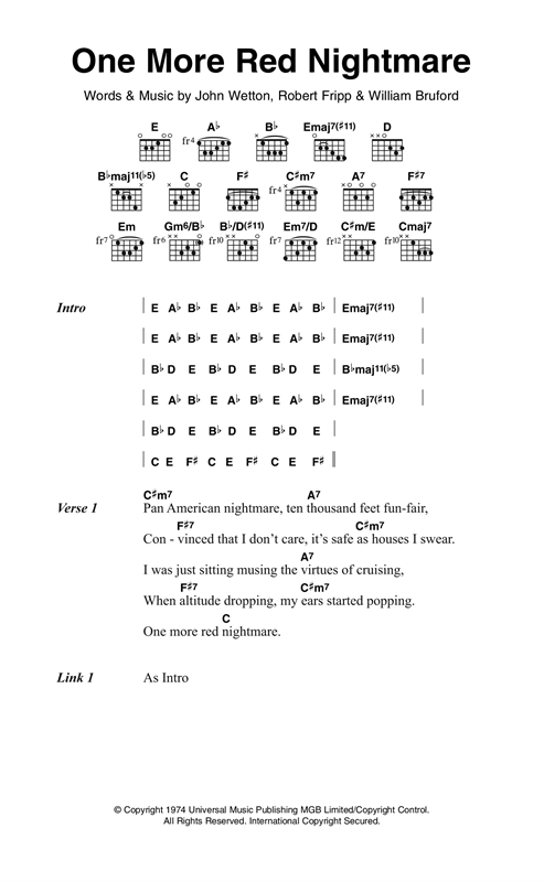 King Crimson One More Red Nightmare sheet music notes and chords arranged for Guitar Chords/Lyrics