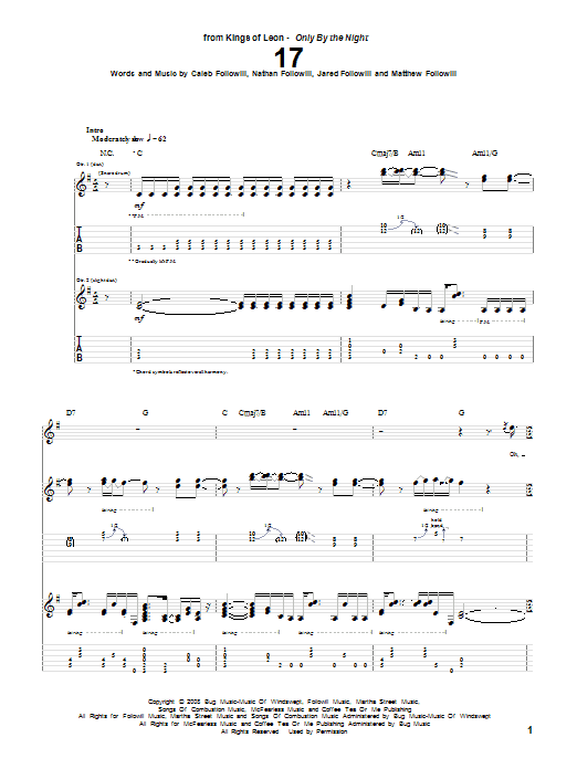 Kings Of Leon 17 sheet music notes and chords arranged for Piano, Vocal & Guitar Chords (Right-Hand Melody)
