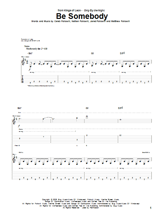 Kings Of Leon Be Somebody sheet music notes and chords arranged for Guitar Tab