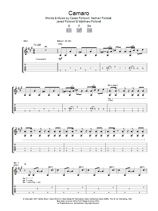 Kings Of Leon Camaro sheet music notes and chords arranged for Guitar Tab