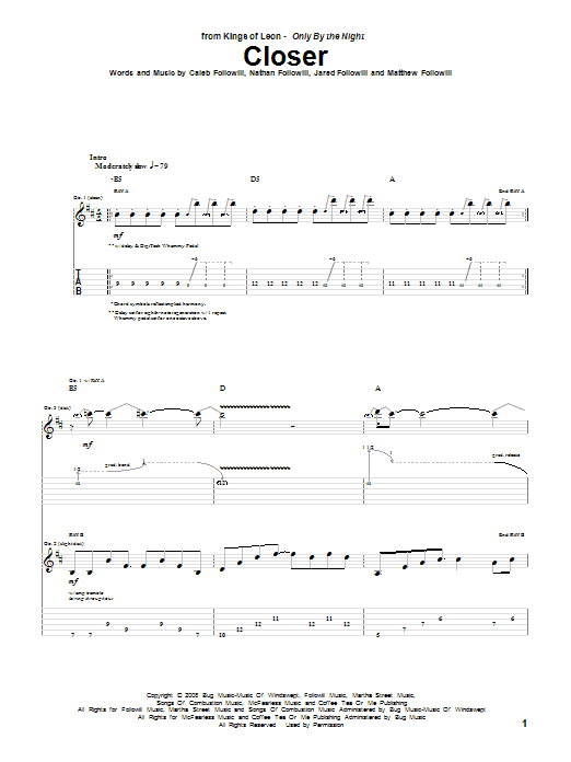 Kings Of Leon Closer sheet music notes and chords arranged for Piano, Vocal & Guitar Chords (Right-Hand Melody)