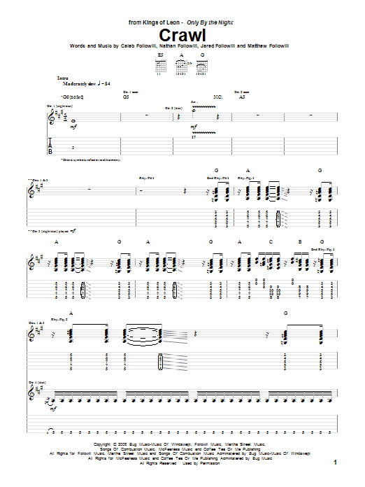 Kings Of Leon Crawl sheet music notes and chords arranged for Guitar Tab