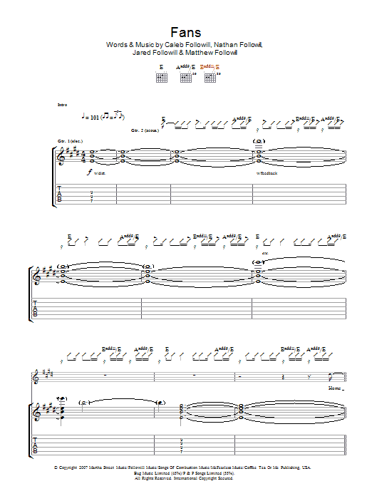 Kings Of Leon Fans sheet music notes and chords arranged for Guitar Tab