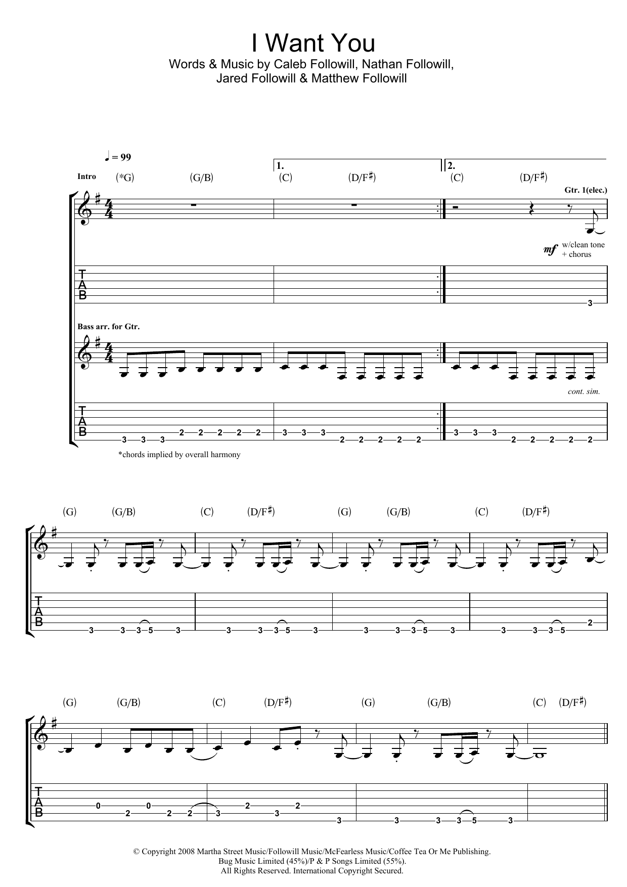 Kings Of Leon I Want You sheet music notes and chords arranged for Piano, Vocal & Guitar Chords (Right-Hand Melody)