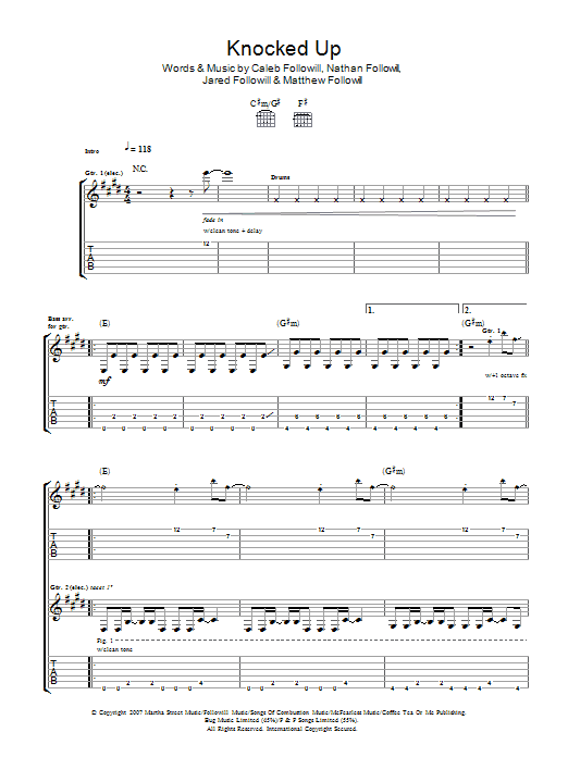 Kings Of Leon Knocked Up sheet music notes and chords arranged for Guitar Tab