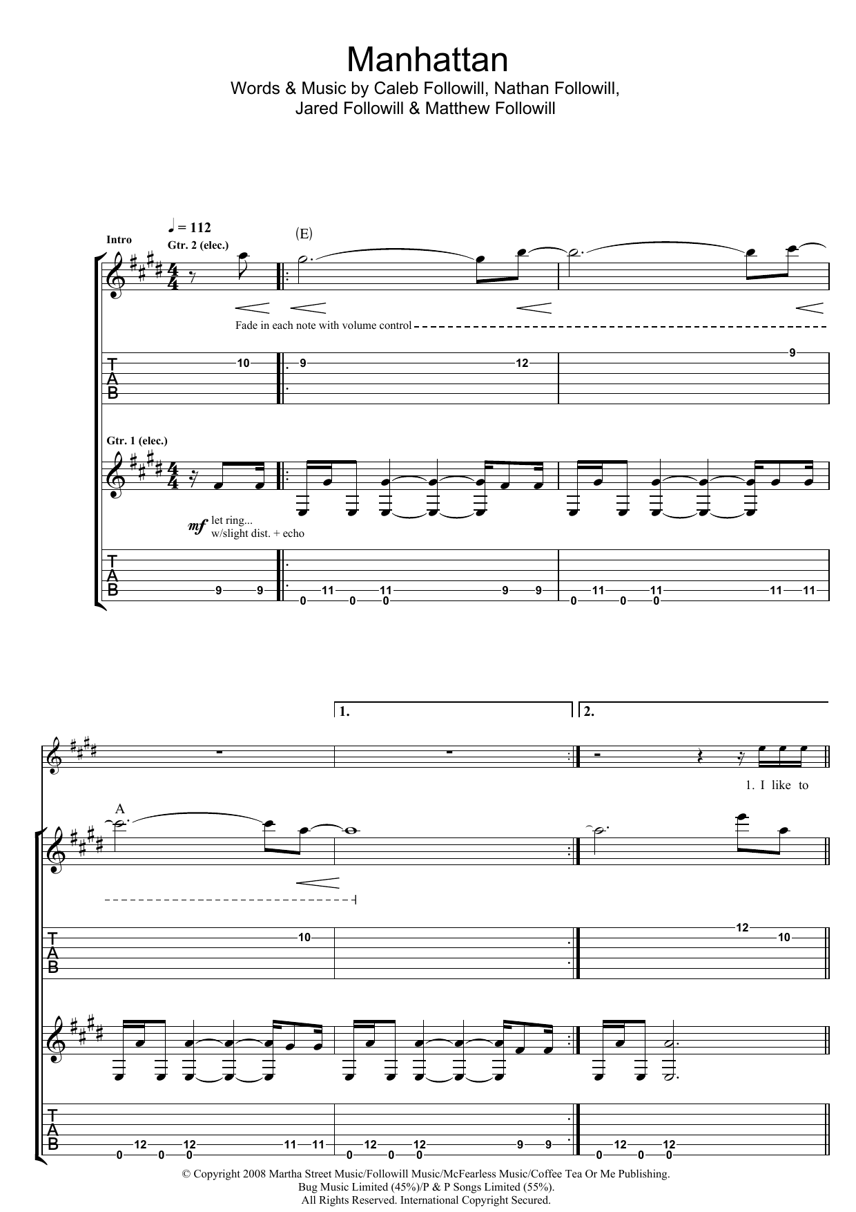 Kings Of Leon Manhattan sheet music notes and chords arranged for Piano, Vocal & Guitar Chords (Right-Hand Melody)