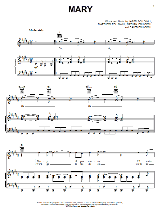 Kings Of Leon Mary sheet music notes and chords arranged for Piano, Vocal & Guitar Chords (Right-Hand Melody)
