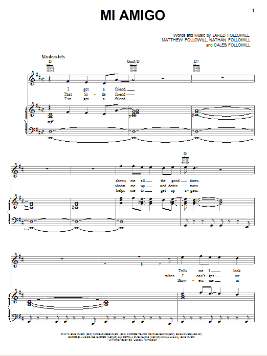 Kings Of Leon Mi Amigo sheet music notes and chords arranged for Piano, Vocal & Guitar Chords (Right-Hand Melody)