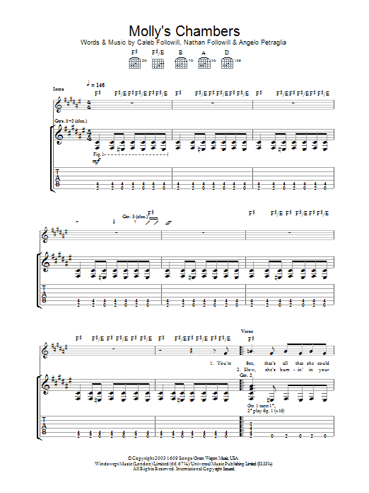 Kings Of Leon Molly's Chambers sheet music notes and chords arranged for Guitar Chords/Lyrics
