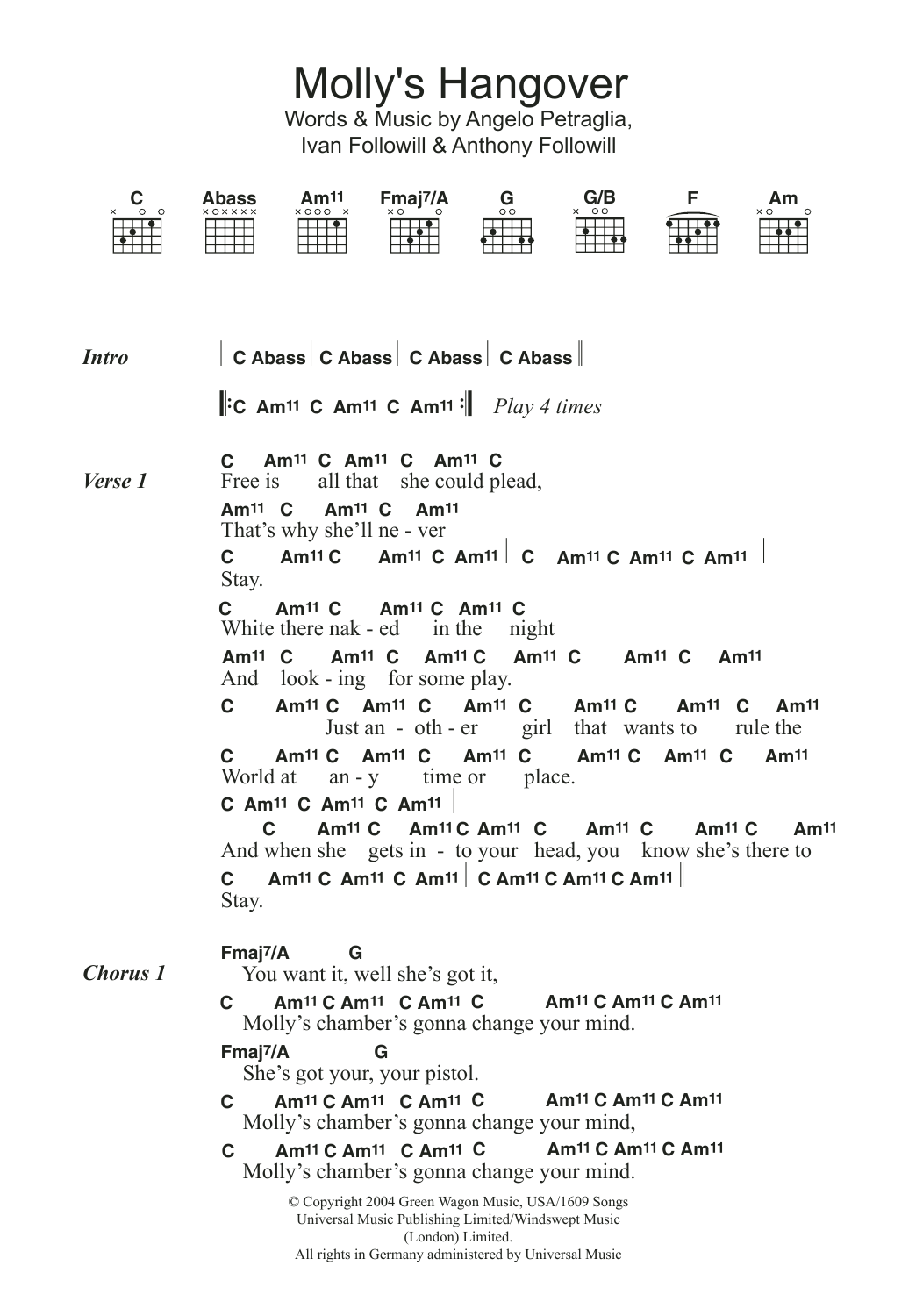 Kings Of Leon Molly's Hangover sheet music notes and chords arranged for Guitar Chords/Lyrics