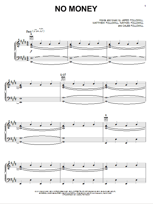 Kings Of Leon No Money sheet music notes and chords arranged for Piano, Vocal & Guitar Chords (Right-Hand Melody)