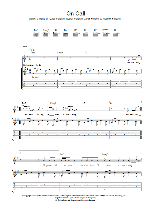 Kings Of Leon On Call sheet music notes and chords arranged for Guitar Tab (Single Guitar)