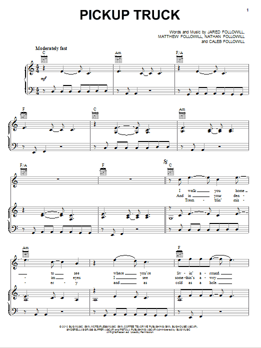 Kings Of Leon Pickup Truck sheet music notes and chords arranged for Piano, Vocal & Guitar Chords (Right-Hand Melody)