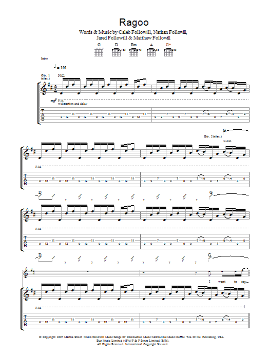 Kings Of Leon Ragoo sheet music notes and chords arranged for Guitar Tab