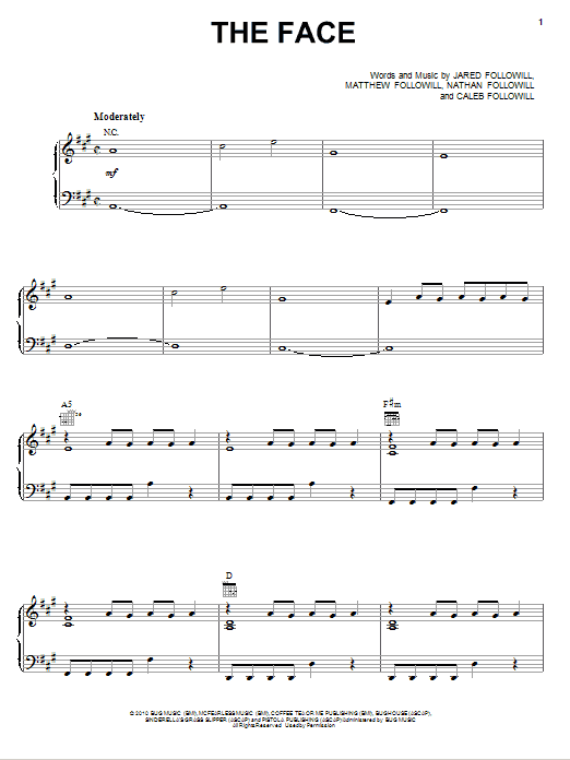 Kings Of Leon The Face sheet music notes and chords arranged for Guitar Tab