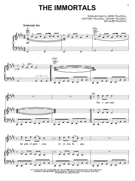 Kings Of Leon The Immortals sheet music notes and chords arranged for Piano, Vocal & Guitar Chords (Right-Hand Melody)