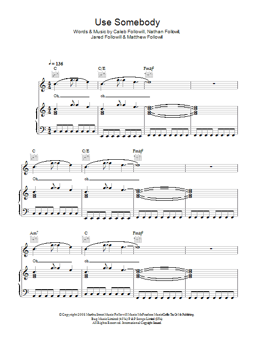 Kings Of Leon Use Somebody sheet music notes and chords arranged for Piano, Vocal & Guitar Chords