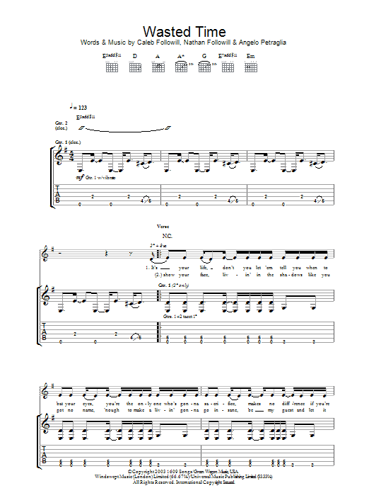 Kings Of Leon Wasted Time sheet music notes and chords arranged for Guitar Tab