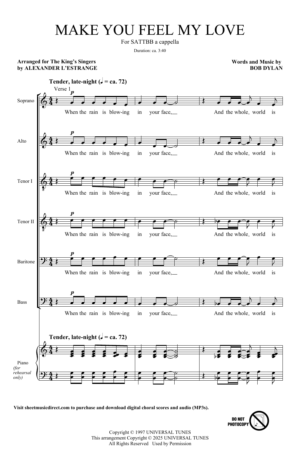 King's Singers To Make You Feel My Love (arr. Alexander L'Estrange) sheet music notes and chords arranged for SATTBB Choir