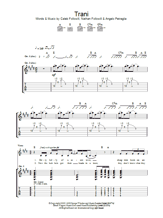 Kings Of Leon Trani sheet music notes and chords arranged for Guitar Tab