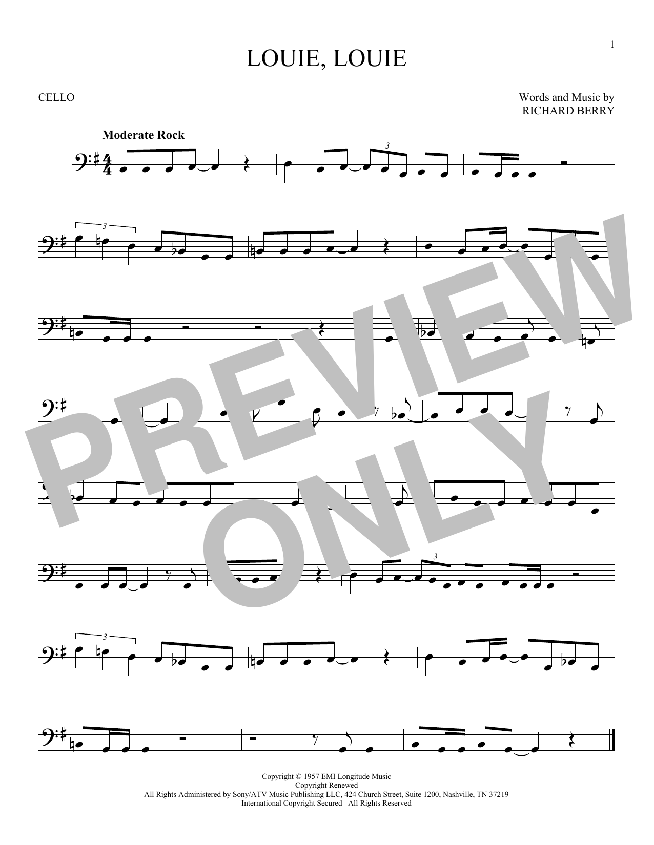 Kingsmen Louie, Louie sheet music notes and chords arranged for Cello Solo