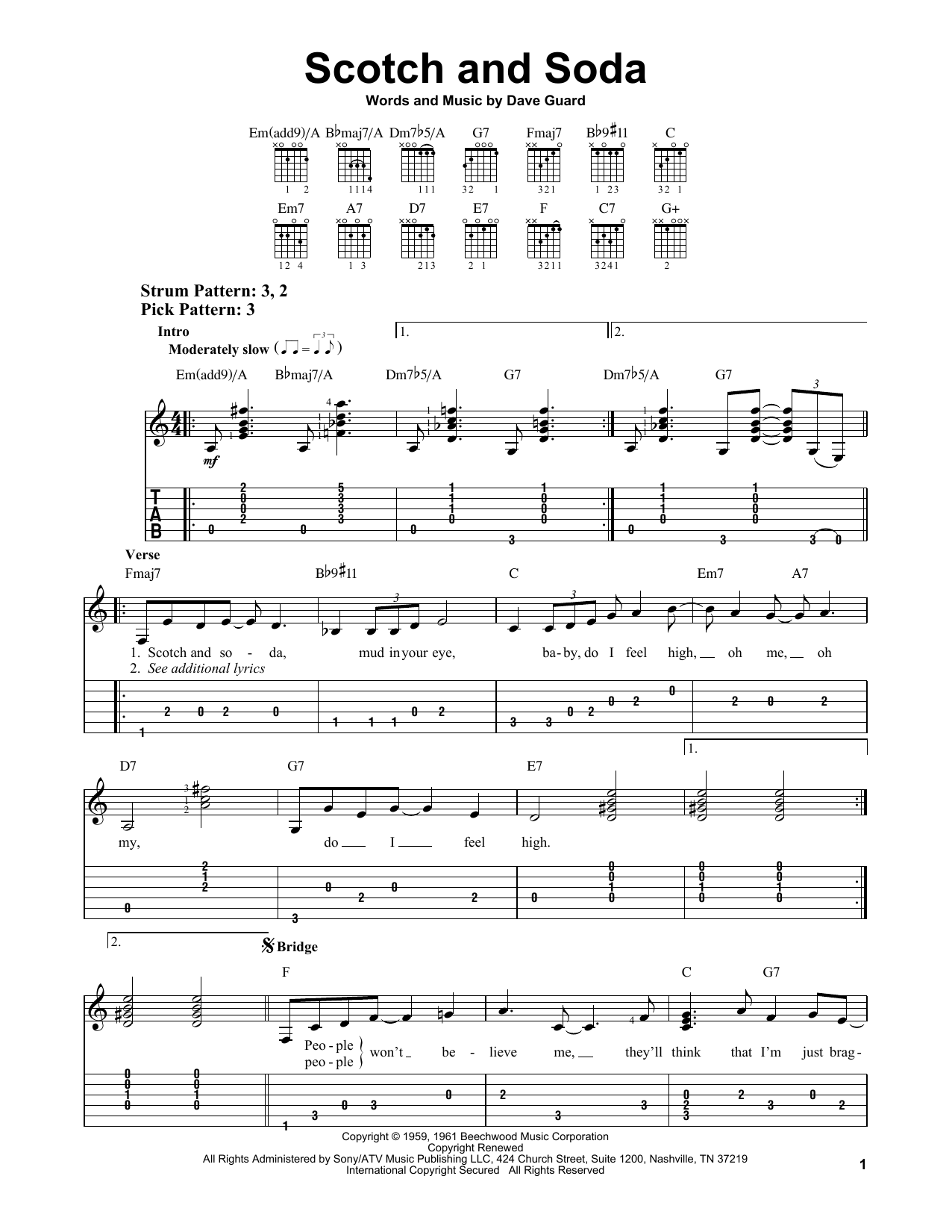 Kingston Trio Scotch And Soda sheet music notes and chords arranged for Easy Guitar Tab