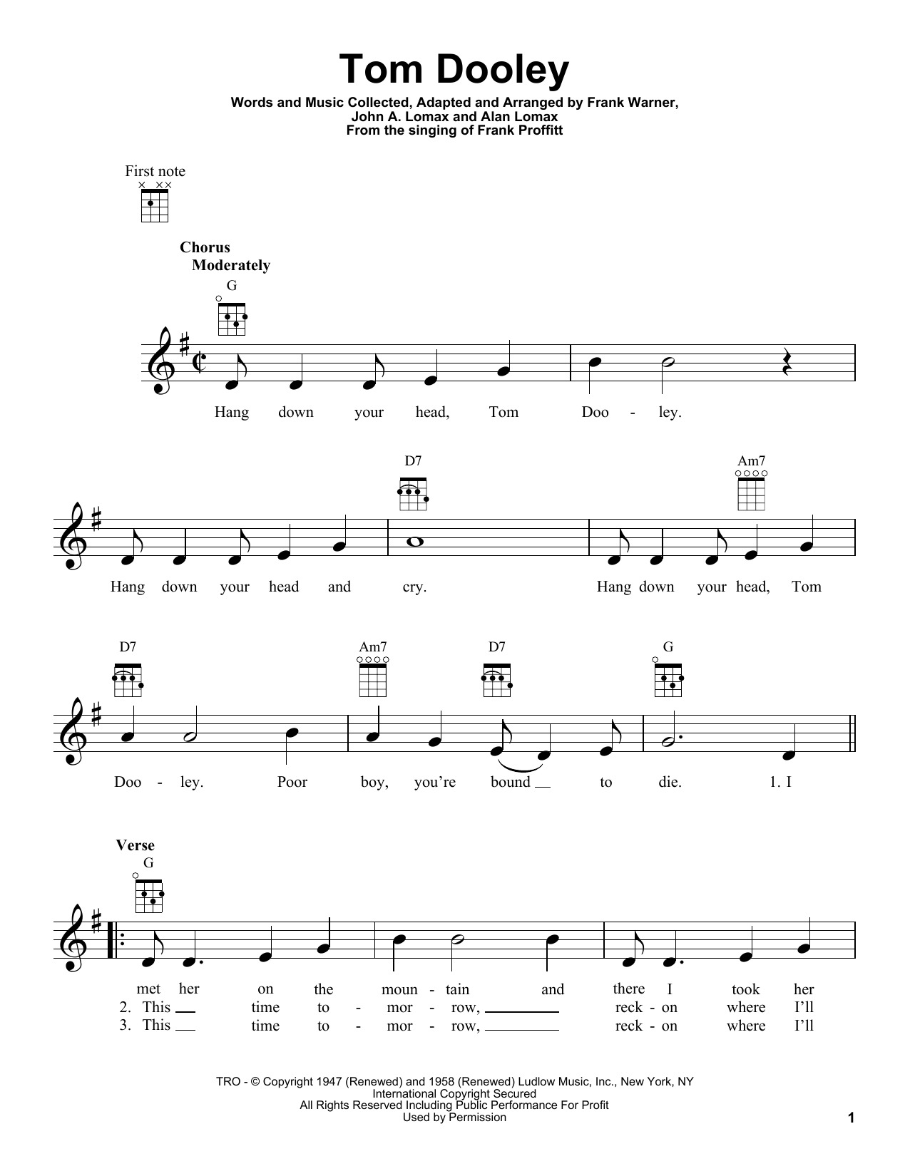 Kingston Trio Tom Dooley sheet music notes and chords arranged for Piano, Vocal & Guitar Chords (Right-Hand Melody)
